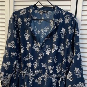 Time To Bloom Navy Blue & Cream Paisley Midi Dress Elastic Waist V Neck Size 1X